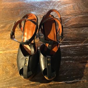 Rachel Comey wood clog heels leather wrap peep toe